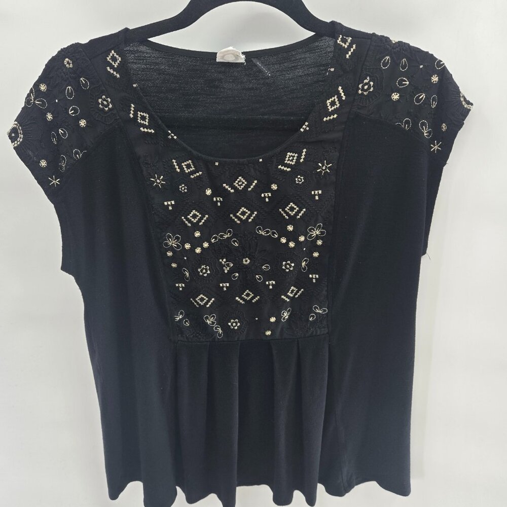 Anthropologie x Akemi+Kin Black Arcana Embroidered Beaded Short Sleeved Top S